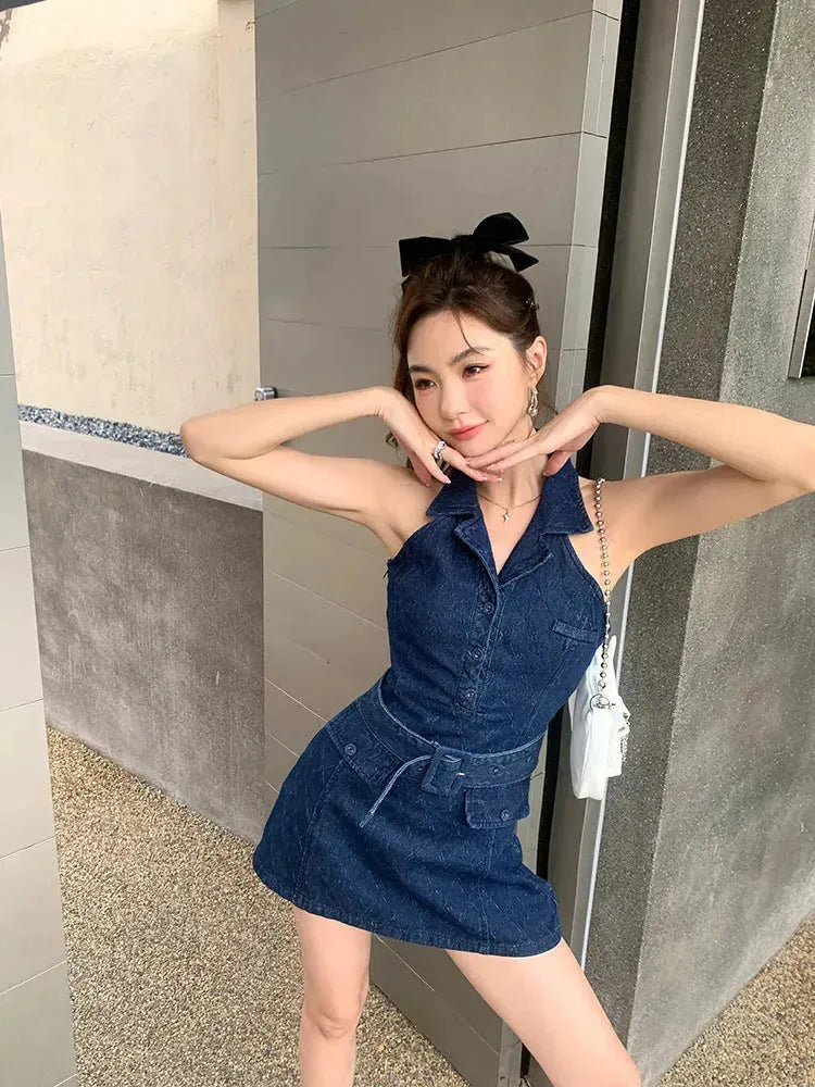 Mini Sleeveless Sheath Denim jeans halter neck Dress - EX-STOCK CANADA