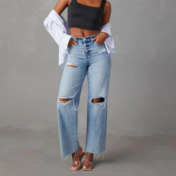 Jeans a gamba dritta da donna a vita alta con orlo grezzo strappato – Denim lavato casual