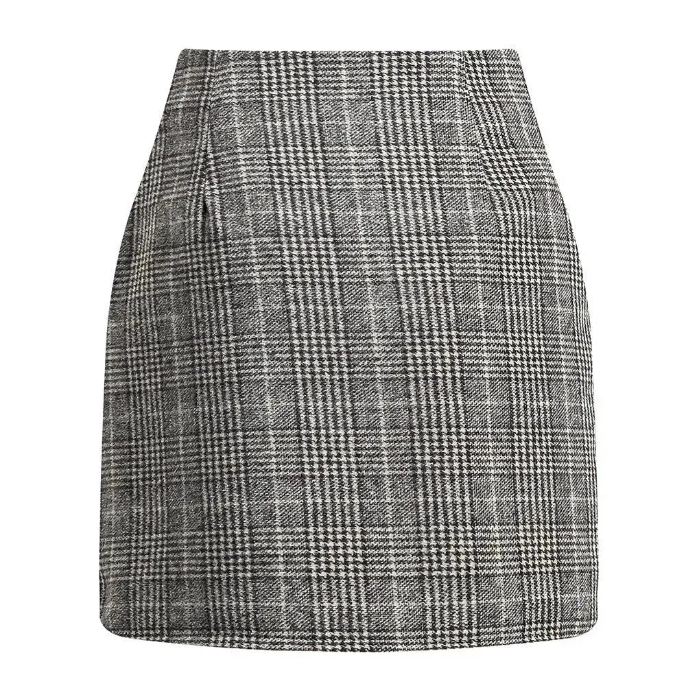 Women's High Waist Plaid Tight Pencil Wool Mini Skirt - EX-STOCK CANADA