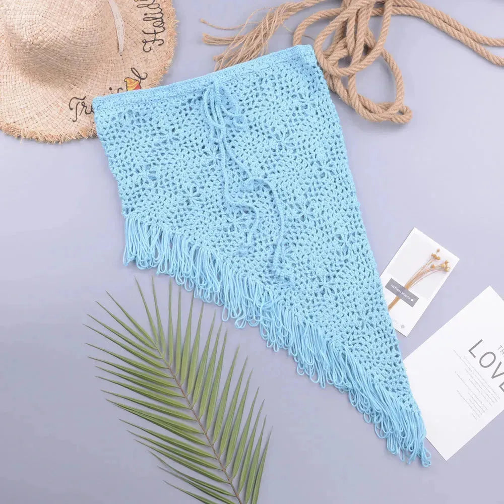 European And American Women's See Through Hollow Knitted tassel fringe Slant Beach Skirt - EX-STOCK CANADA