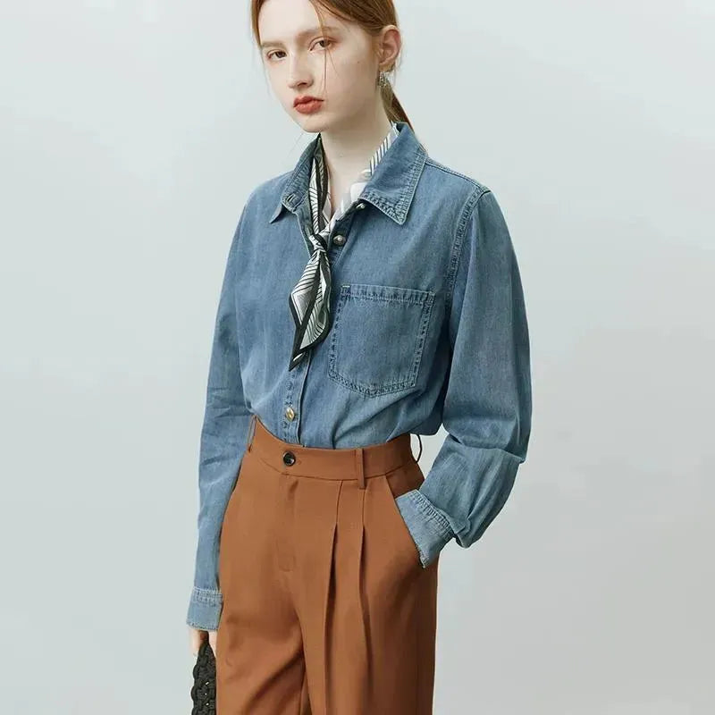 Blue Soft Denim Shirt Jacket Women's Long Sleeve Bandage Denim Dress Top - EX-STOCK CANADA