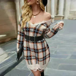 Off shoulder V-neck Pullover Knitted Mini Plaid Sweater Dress - EX-STOCK CANADA