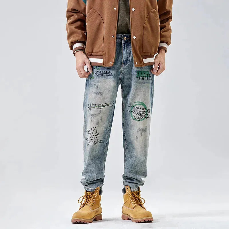 American Print Denim Casual jeans pant Loose Straight Dad Trousers For Men