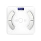 A white digital body fat scale with a square platform, curved leg plates, and a blue backlit LCD display showing '45.00%'.