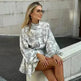 Ink Print Long Sleeve Floral Short Mini Skater Dress With Fashion Puffy Sleeve Lapel Tie A-Line Dress Clothing - EX-STOCK CANADA