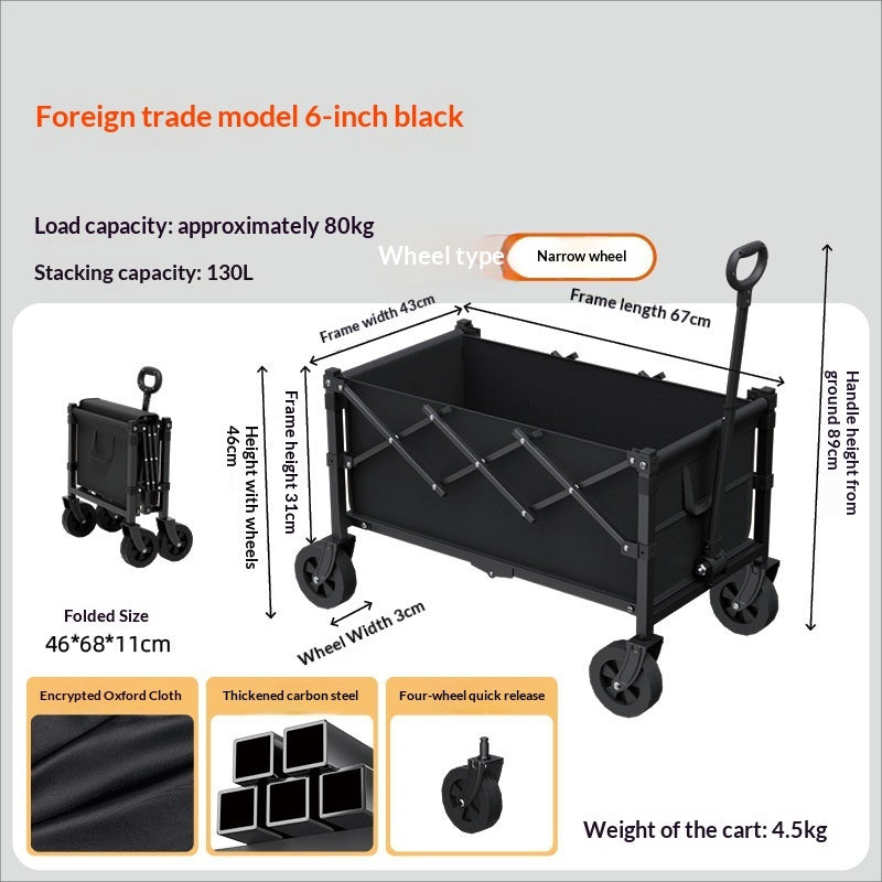 Black foreign trade model 6-inch folding utility cart with dimension annotations, load capacity of 80kg, stacking capacity of 130L, folded size 46*68*11cm, and feature callouts on a light gray background.