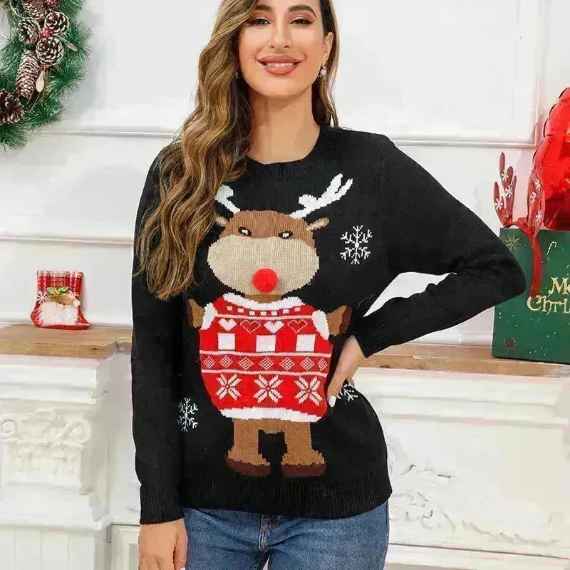 Funny Deer Christmas Sweater Round Neck Pullover Women - EX-STOCK CANADA