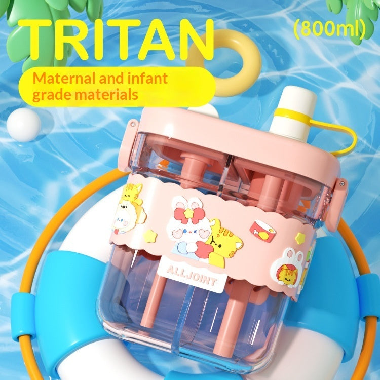 ALLJOINT Kids Dual Compartment Tritan Water Bottle 800ml – 2-in-1 Straw & Suction | 4 Cartoon Designs