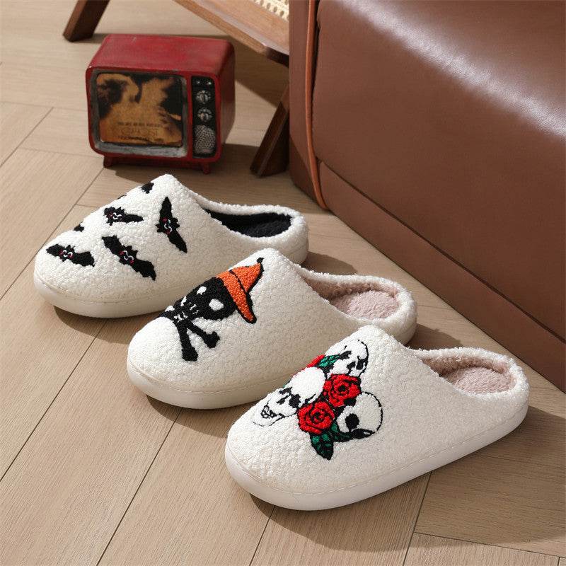 Halloween Skull Rose Slippers Winter Warm Indoor Floor Bedroom Home Slipper For Women EX-STOCK
