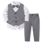 Gray vest, white shirt, and gray pants set on a white background