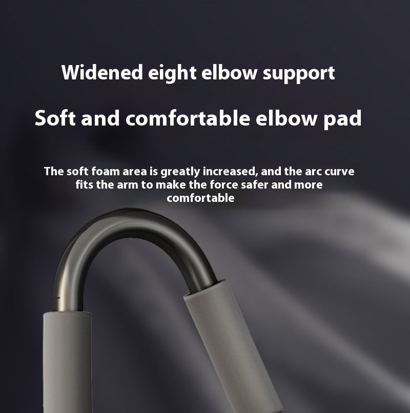 Close-up of an elbow support pad with white text overlay describing its widened eight elbow support and soft comfortable elbow pad features, set against a dark gray background.