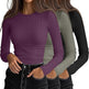 Three long-sleeve shirts in purple, gray, and black on a white background