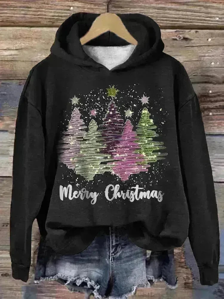 Round Neck Hooded Long Sleeve Four Christmas Trees Loose Hoodie Sweatshirt - EX-STOCK CANADA