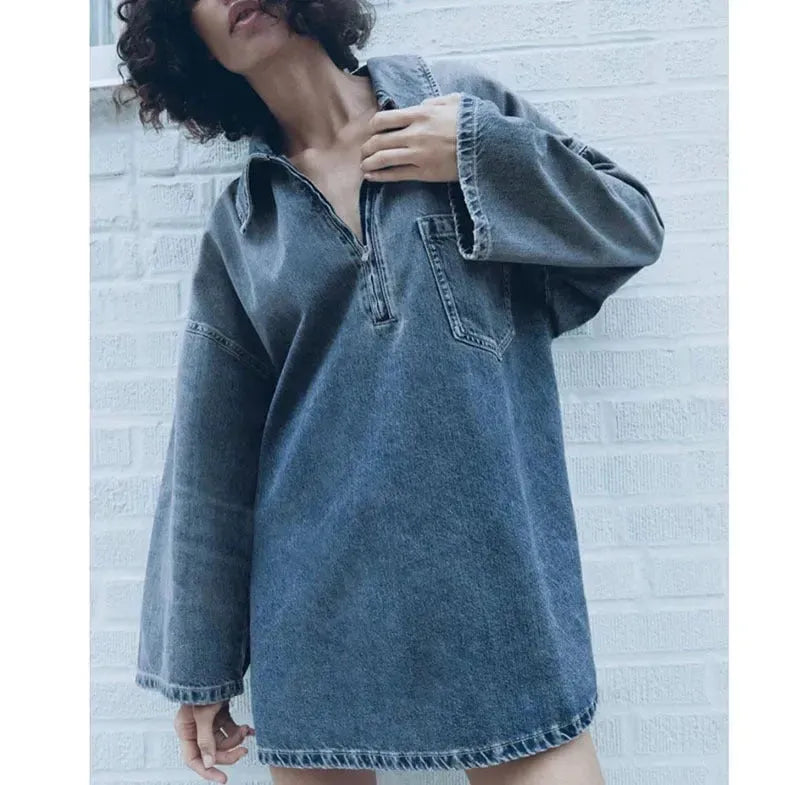 Lapel Patch Pocket Bell Sleeve Denim Dress - EX-STOCK CANADA