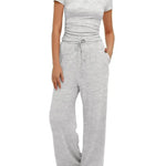 2pcs Solid Color Casual Sports Suit Short-sleeved Top And High-waisted Drawstring Wide-leg Pants Summer Fashion Set For Womens Clothing - EX-STOCK Canada