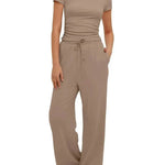 2pcs Solid Color Casual Sports Suit Short-sleeved Top And High-waisted Drawstring Wide-leg Pants Summer Fashion Set For Womens Clothing - EX-STOCK Canada