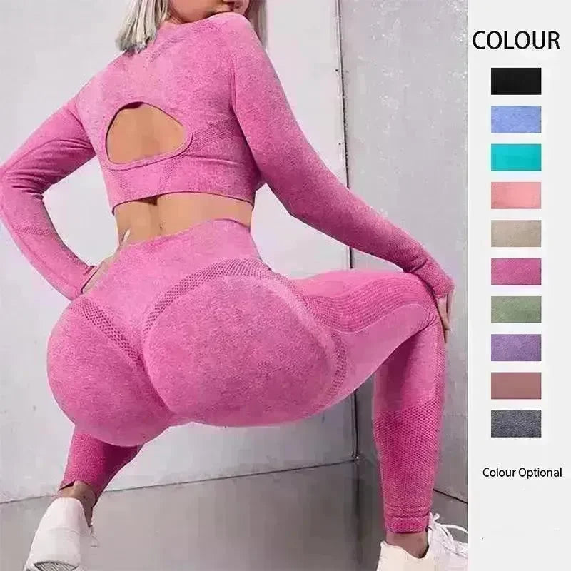 2pcs Sports Suits Long Sleeve Hollow Design Tops And Butt Lifting High Waist Seamless Fitness Leggings Sports Gym Sportswear Outfits Clothing - EX-STOCK CANADA