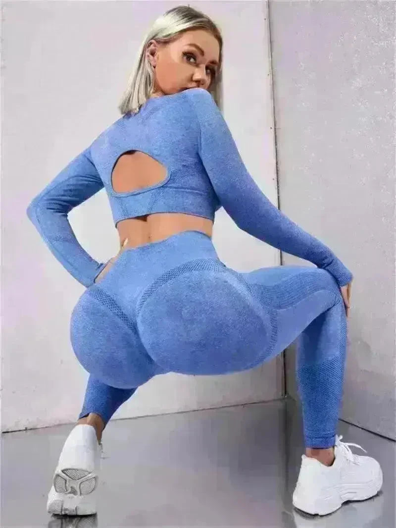 2pcs Sports Suits Long Sleeve Hollow Design Tops And Butt Lifting High Waist Seamless Fitness Leggings Sports Gym Sportswear Outfits Clothing - EX-STOCK CANADA