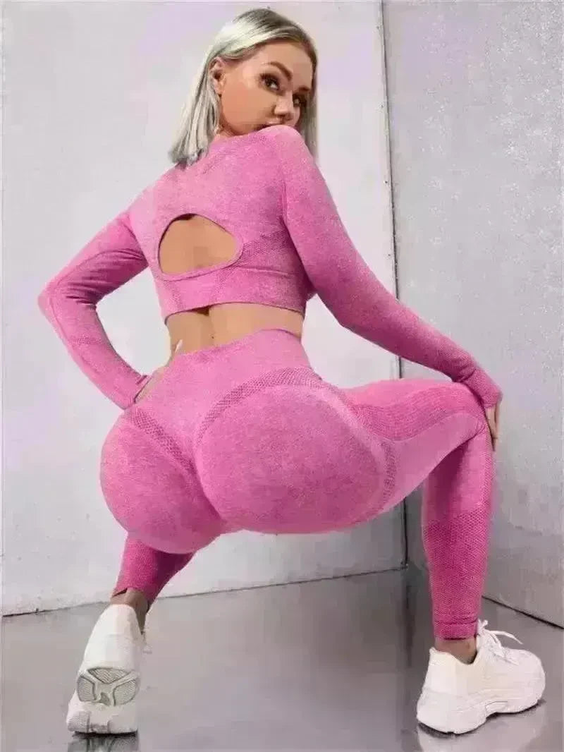 2pcs Sports Suits Long Sleeve Hollow Design Tops And Butt Lifting High Waist Seamless Fitness Leggings Sports Gym Sportswear Outfits Clothing - EX-STOCK CANADA