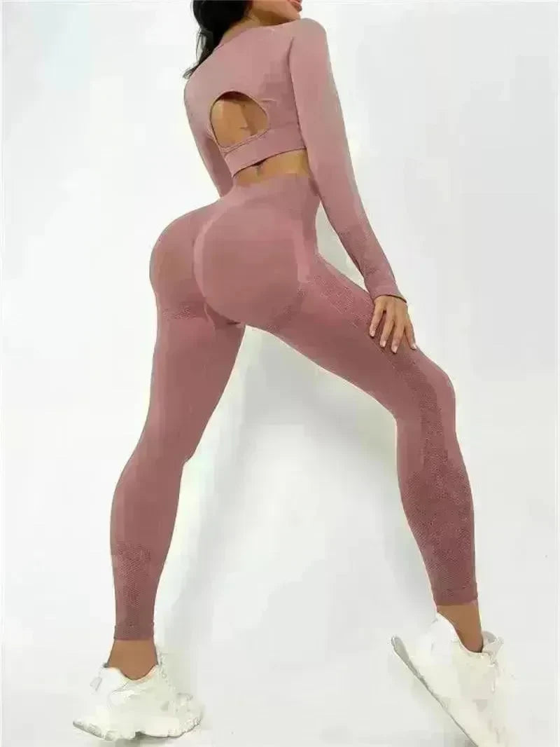 2pcs Sports Suits Long Sleeve Hollow Design Tops And Butt Lifting High Waist Seamless Fitness Leggings Sports Gym Sportswear Outfits Clothing - EX-STOCK CANADA