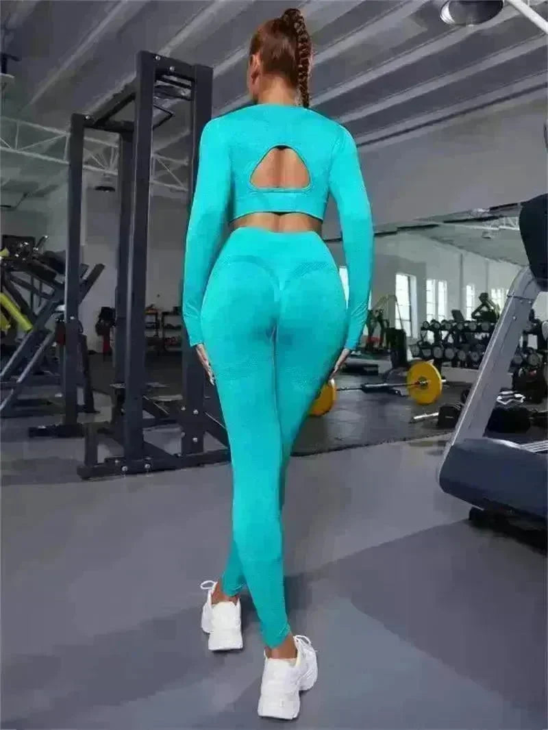 2pcs Sports Suits Long Sleeve Hollow Design Tops And Butt Lifting High Waist Seamless Fitness Leggings Sports Gym Sportswear Outfits Clothing - EX-STOCK CANADA