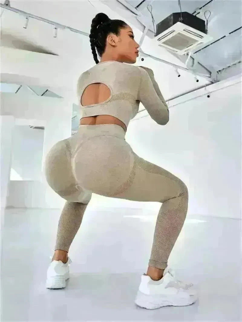 2pcs Sports Suits Long Sleeve Hollow Design Tops And Butt Lifting High Waist Seamless Fitness Leggings Sports Gym Sportswear Outfits Clothing - EX-STOCK CANADA