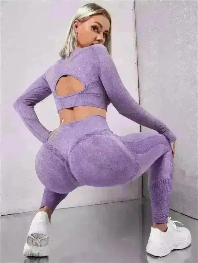 2pcs Sports Suits Long Sleeve Hollow Design Tops And Butt Lifting High Waist Seamless Fitness Leggings Sports Gym Sportswear Outfits Clothing - EX-STOCK CANADA