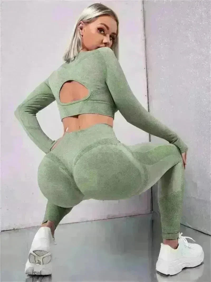2pcs Sports Suits Long Sleeve Hollow Design Tops And Butt Lifting High Waist Seamless Fitness Leggings Sports Gym Sportswear Outfits Clothing - EX-STOCK CANADA