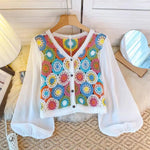 Summer Vacation Style Crocheted Hollow Design Knitted Chiffon Patchwork Long Sleeve Retro Slimming V-neck blouse top For Women - EX-STOCK CANADA