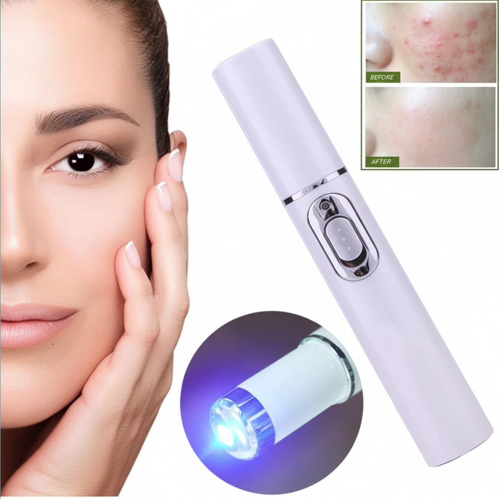 Facial skin care device with before and after effects on a woman's face.