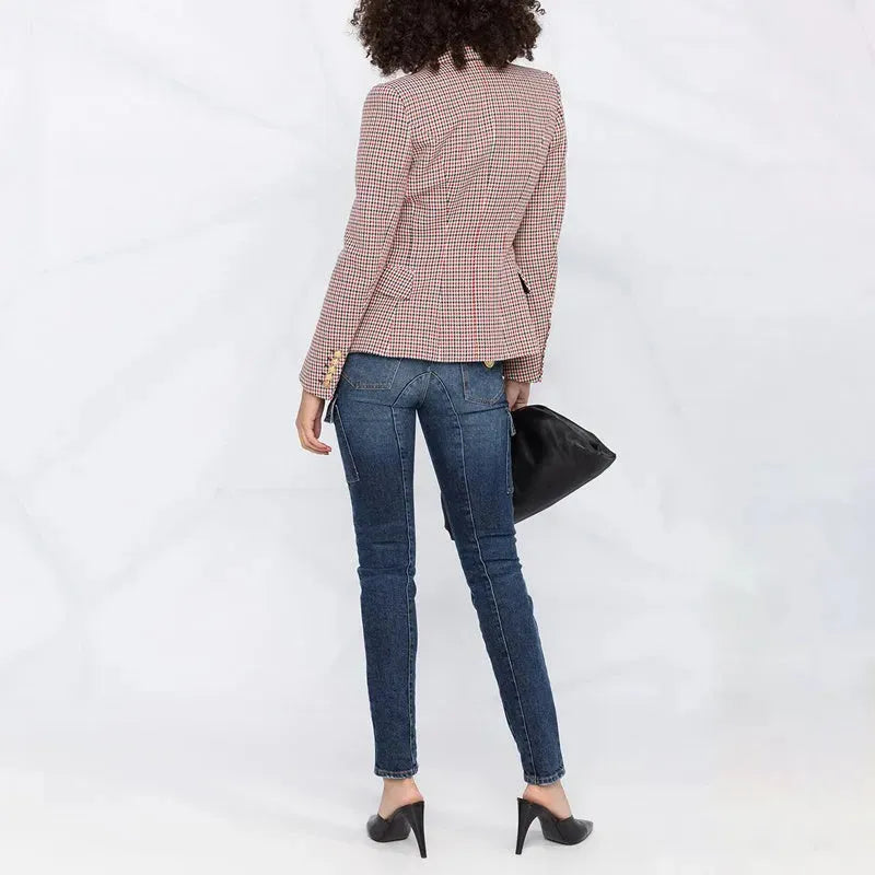 Houndstooth Small Jacket Women Long-Sleeved Double-Breasted Plaid Blazer - EX-STOCK CANADA