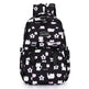 Black backpack with white cat and flower pattern on a white background