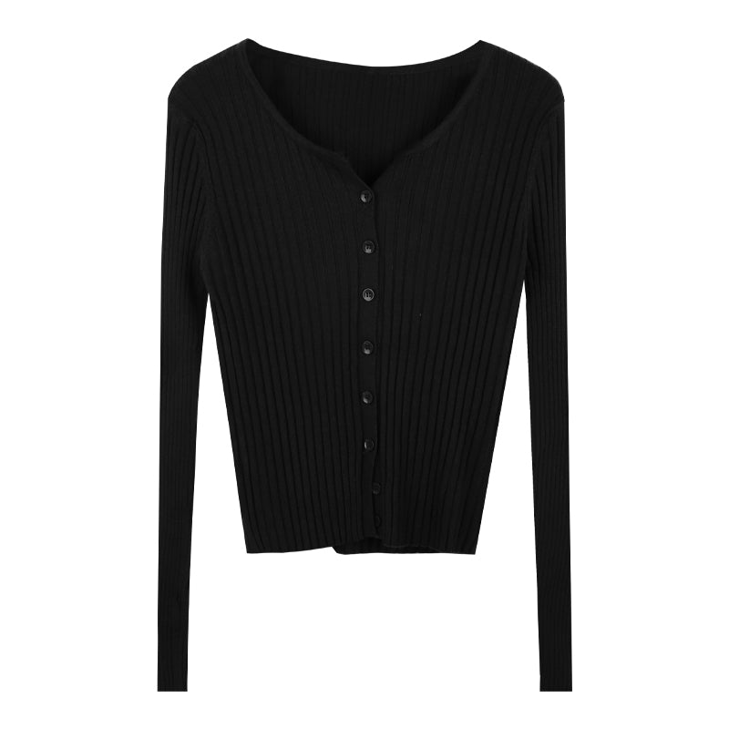 Black ribbed knit cardigan on a white background