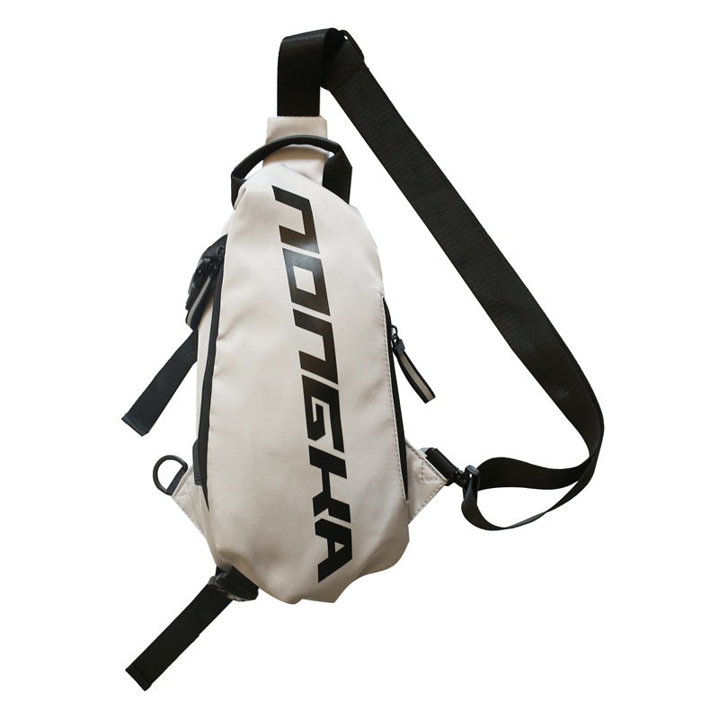 White waist bag with black straps and 'NINH' branding on a white background