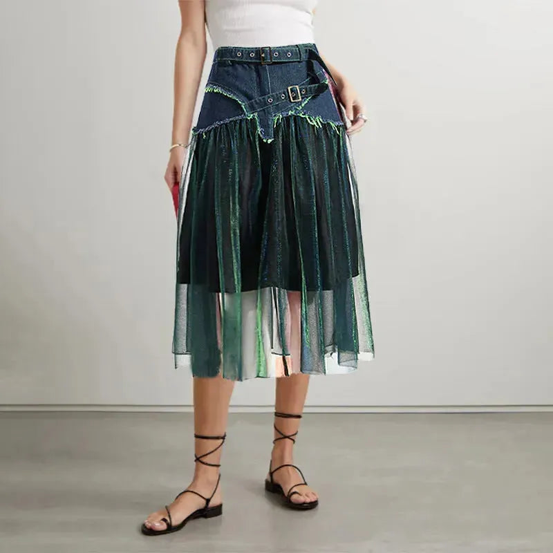 Street Fashion High Waist A-line Denim Mesh Midi Skirt - EX-STOCK CANADA