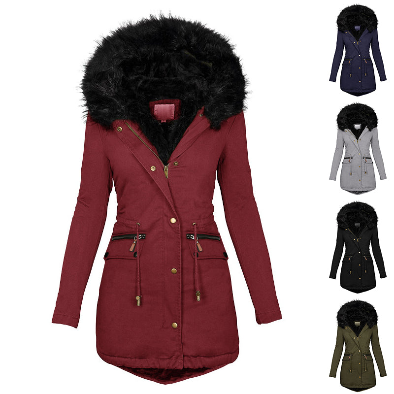Women's Plush Hooded Parkas Winter Warm Thick  Zip-up Jackets Casual Mid-length Solid Buckle Pockets Coat Outerwear Clothing EX-STOCK Canada 