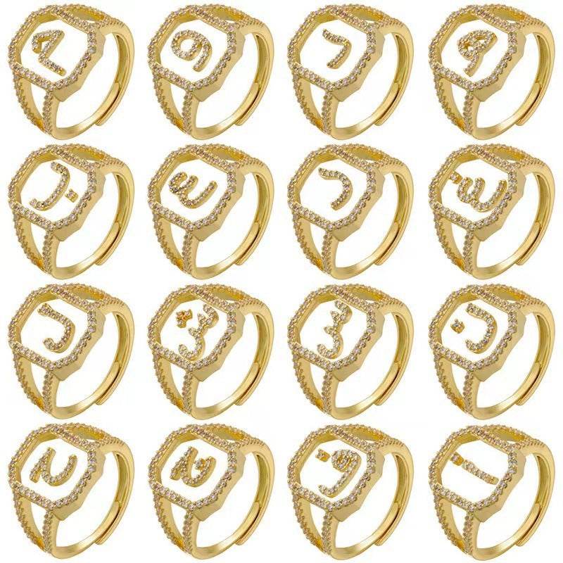 Fashion Micro Inlaid Zircon Arab Letters Ring for women | EX-STOCK
