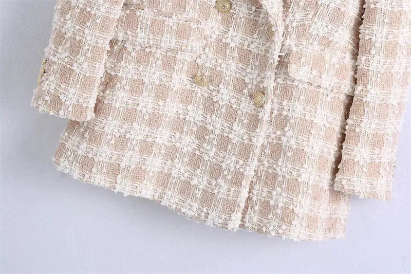 Elegant Luxury Lapel Long Sleeved Double Breasted Check tweed Blazer Women - EX-STOCK CANADA