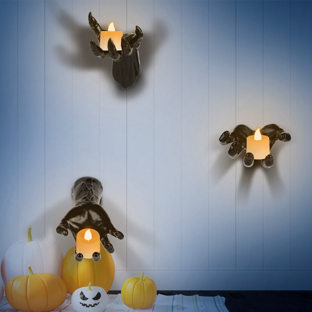 3Pcs Creepy Reaching Hands With Lighted Candles Wall Mounted Halloween Decoration Witch Devil Hand Aesthetic Goth Gothic Life Sized Horror Hands Hanging Sculpture EX-STOCK