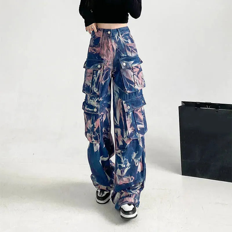 New Tie-dye Baggy CargoTrousers With Pockets Y2K Fashion High Waist Loose Wide Leg Pants Spring And Autumn - EX-STOCK CANADA