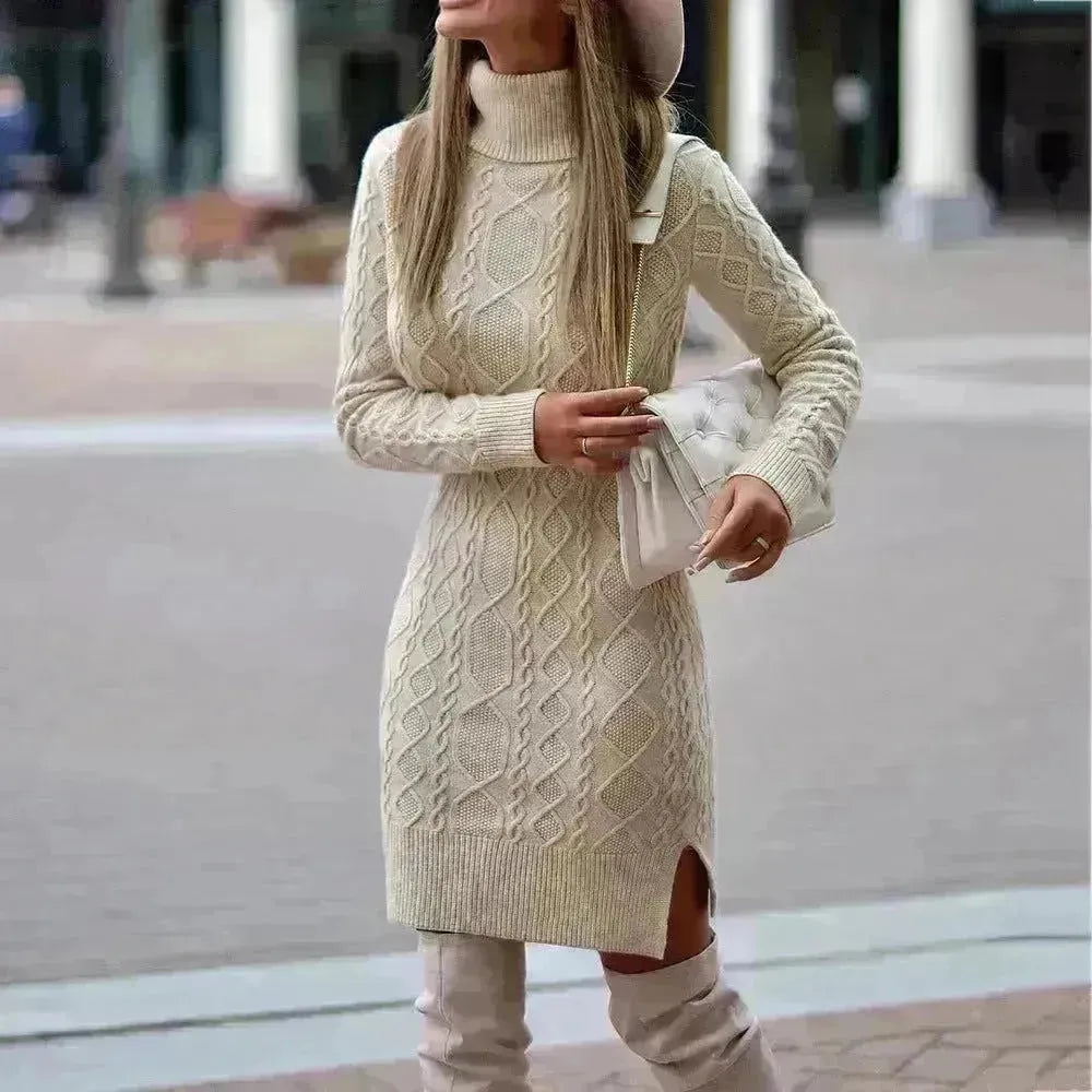 Autumn Winter Mini Slim fit Twist thick knitted Turtleneck sweater dress
