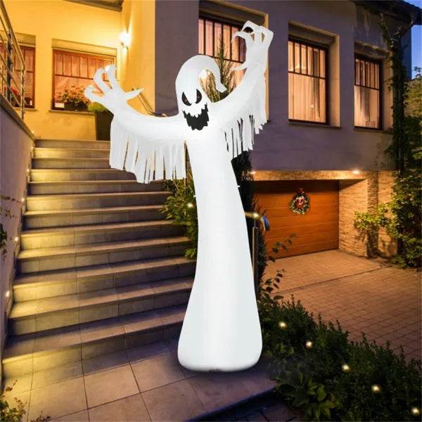 Spooky Halloween Inflatable Ghost - 12 Ft Tall With LED Lights, Waterproof Fabric, Spikes Ropes For Stability, White EX-STOCK