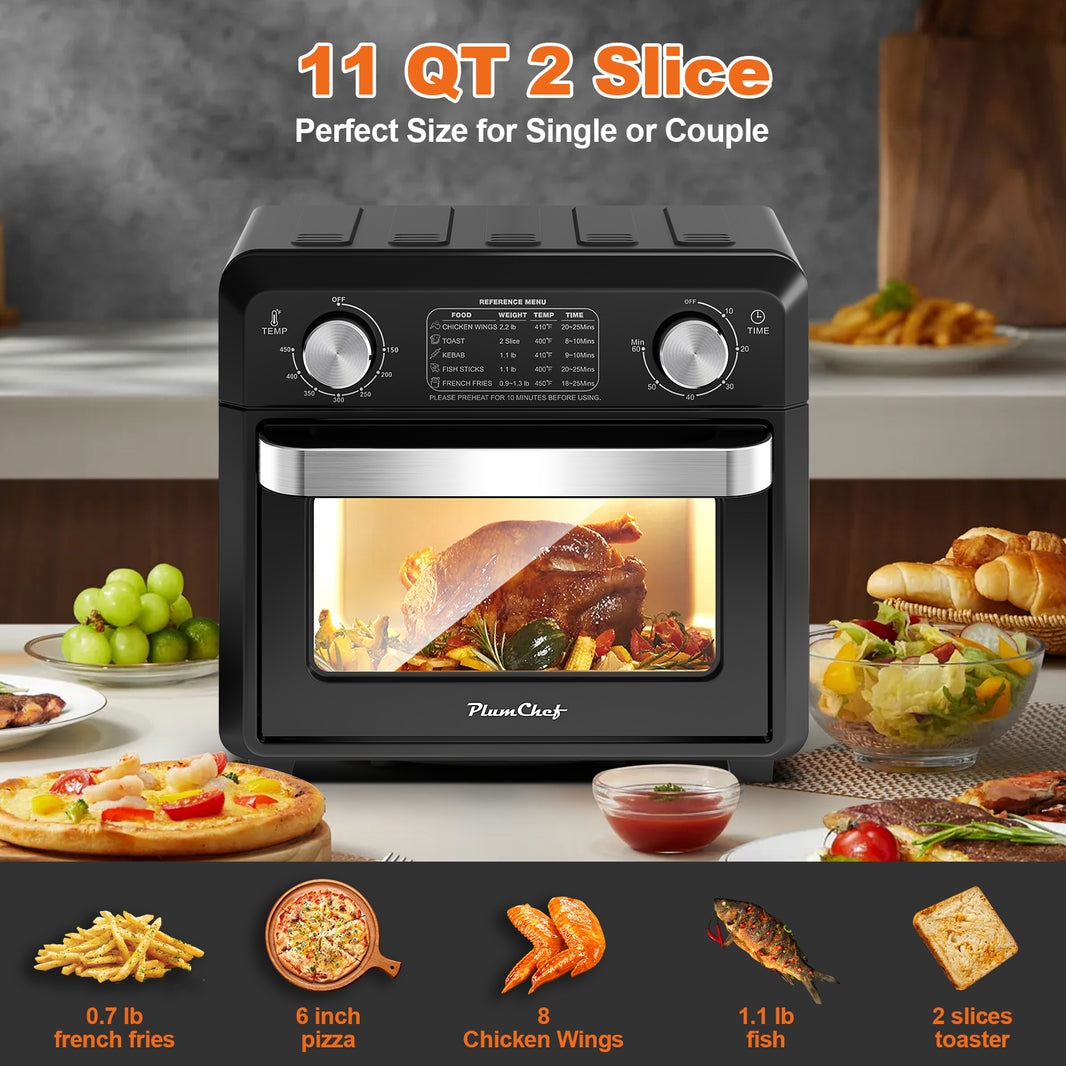 11QT Compact Air Fryer Toaster Oven, 1000W, Convection Countertop, With Reference Menus, 2-Slice Toaster, Adjustable Time And Temperature, Black EX-STOCK Canada 