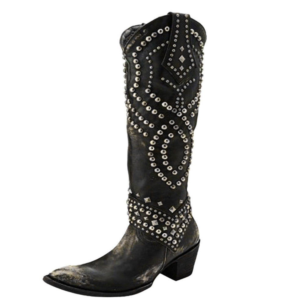 Women's Rivet Studded Knee-High Cowboy Boots | Chunky Block Heel | Sizes 35–43