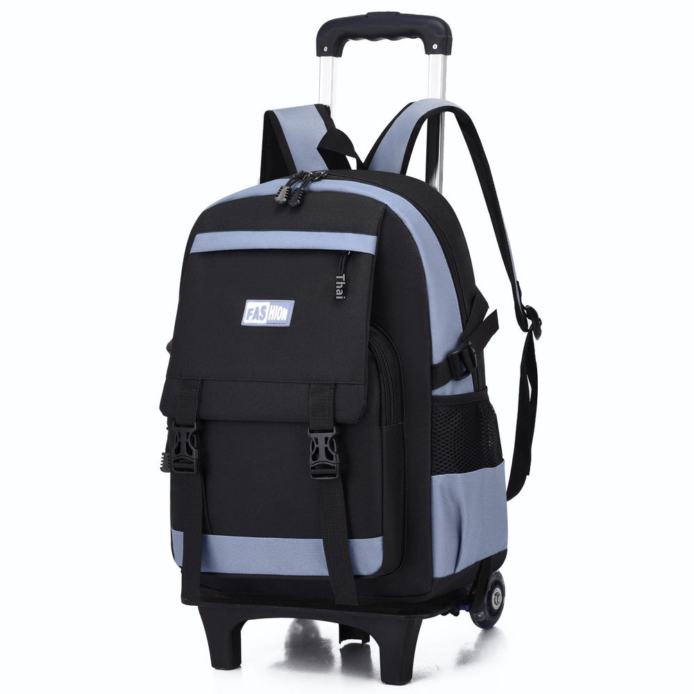 Black and gray rolling backpack on a white background