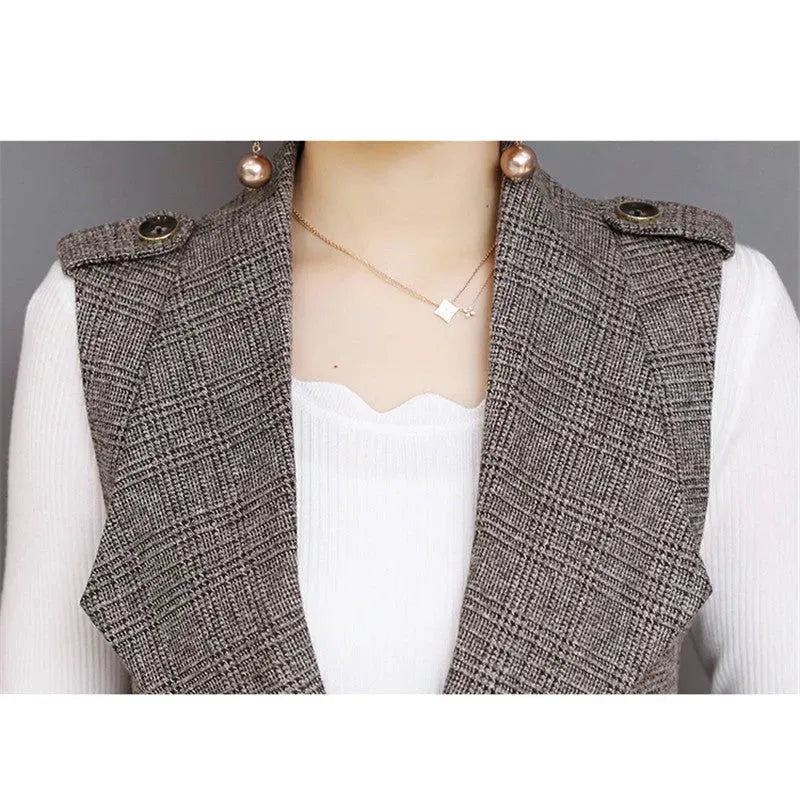 Plaid Long Blazer Vest Women Sleeveless Jacket - EX-STOCK CANADA
