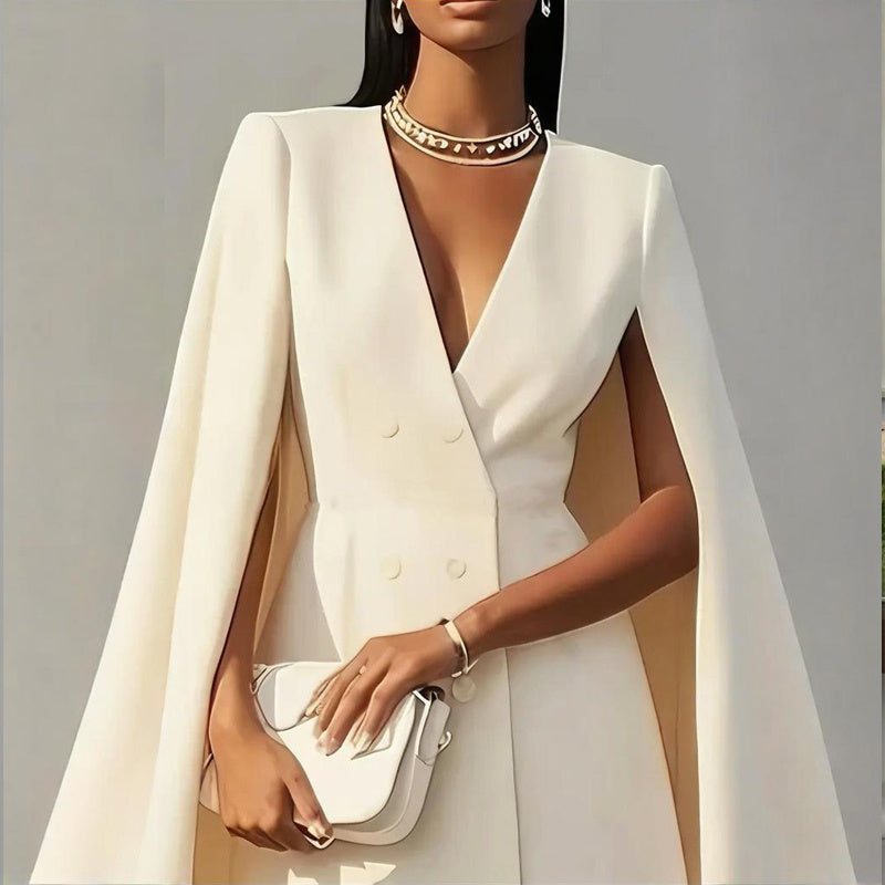 Women's Elegant Solid Color V Neck Double-Breasted Cape Blazer Dress Spring & Summer Party Banquet Outfit EX-STOCK