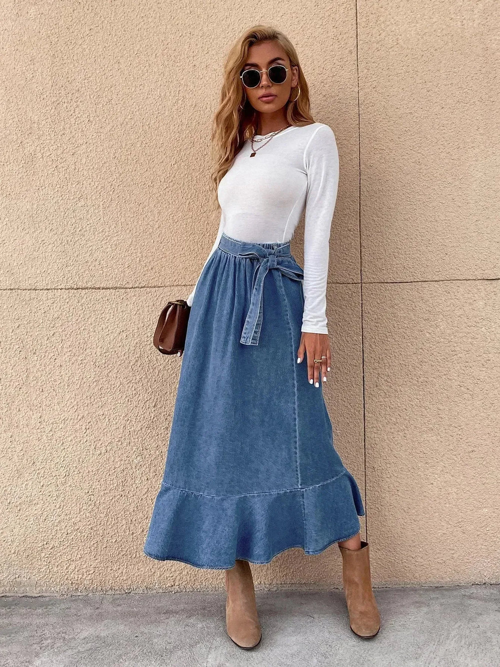 Ladies Fashion Casual Ruffled Blue Denim Maxi Skirt Women - EX-STOCK CANADA