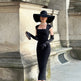 Women's Black Square Neck Midi Wrap Dress with Opera Gloves – Elegant Slim Fit 3
