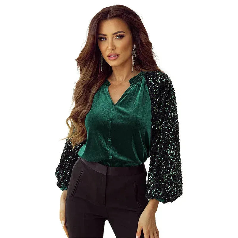 Elegant Fashion Sequined Long sleeve Suede V-neck Blouse top  women - EX-STOCK CANADA